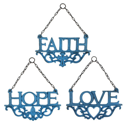 3 Cast Iron Faith, Hope, Love Wall Decor Inspirational Hanging Signs Rustic Blue