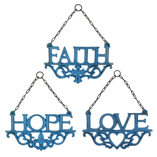 3 Cast Iron Faith, Hope, Love Wall Decor Inspirational Hanging Signs Rustic Blue
