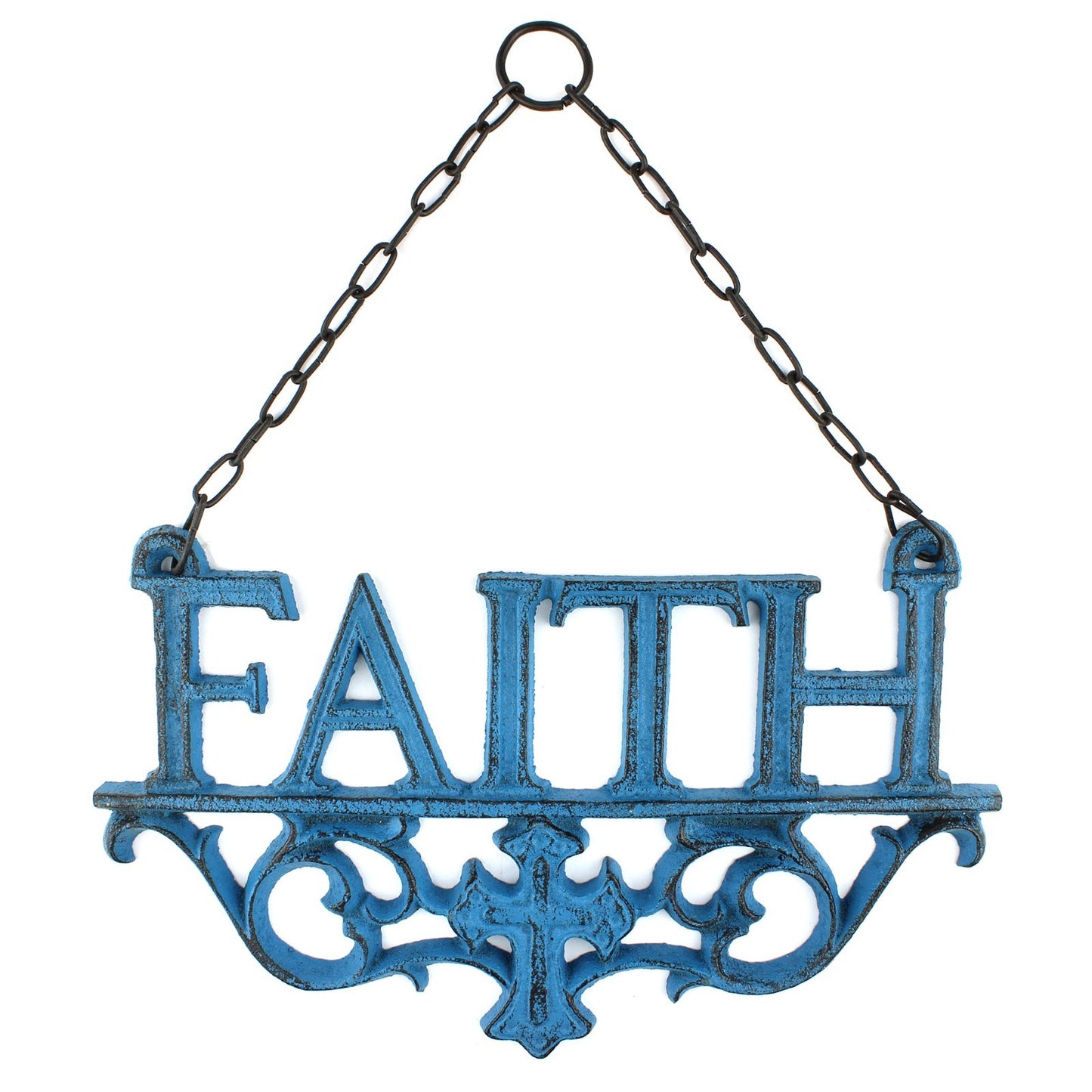 3 Cast Iron Faith, Hope, Love Wall Decor Inspirational Hanging Signs Rustic Blue