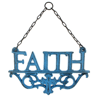 3 Cast Iron Faith, Hope, Love Wall Decor Inspirational Hanging Signs Rustic Blue