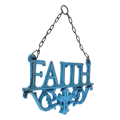 3 Cast Iron Faith, Hope, Love Wall Decor Inspirational Hanging Signs Rustic Blue
