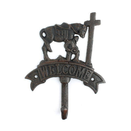 Cast Iron Praying Cowboy Cross Welcome Wall Hook Western Horse Coat Key Hanger