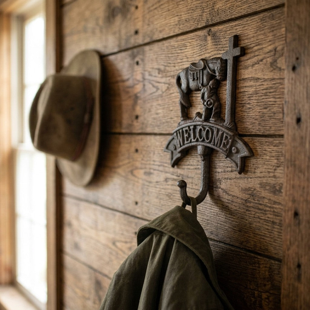 Cast Iron Praying Cowboy Cross Welcome Wall Hook Western Horse Coat Key Hanger