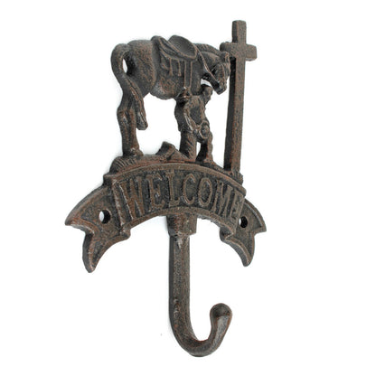 Cast Iron Praying Cowboy Cross Welcome Wall Hook Western Horse Coat Key Hanger