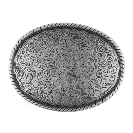 Western Floral Scroll Belt Buckle Antique Silver Tone Engraved Oval Rope Border