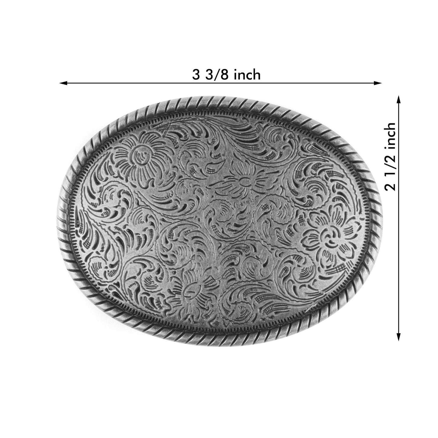 Western Floral Scroll Belt Buckle Antique Silver Tone Engraved Oval Rope Border