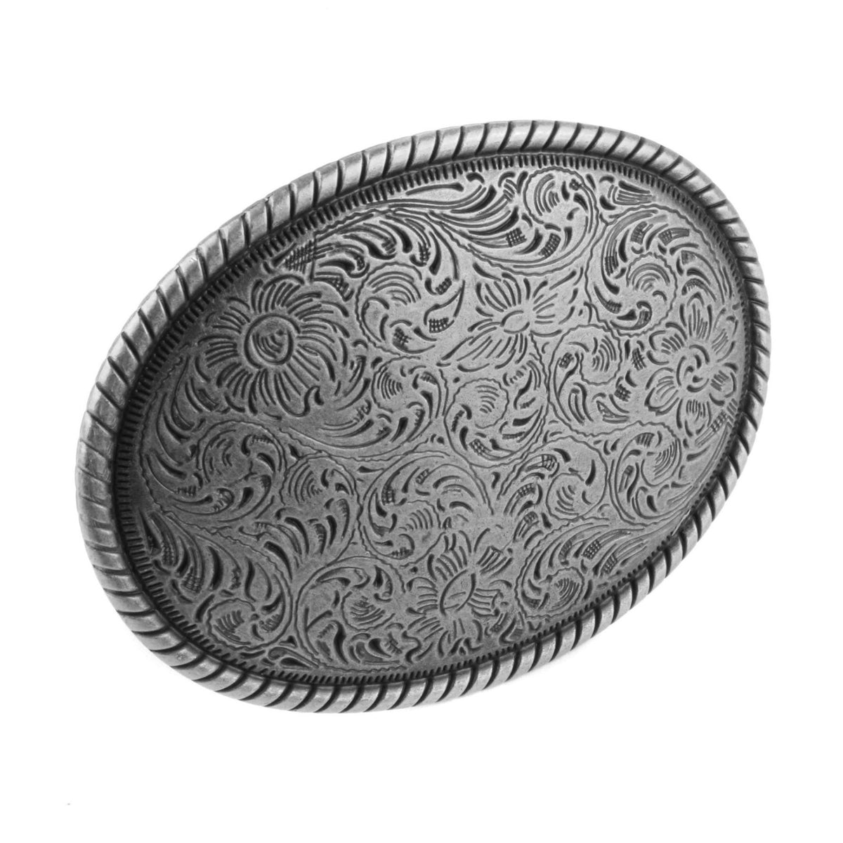 Western Floral Scroll Belt Buckle Antique Silver Tone Engraved Oval Rope Border