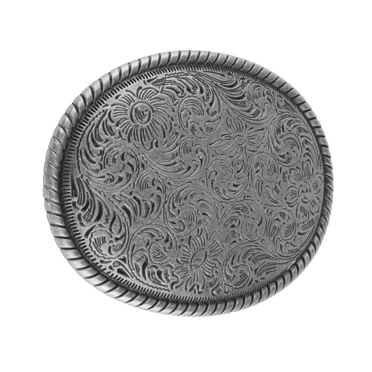 Western Floral Scroll Belt Buckle Antique Silver Tone Engraved Oval Rope Border