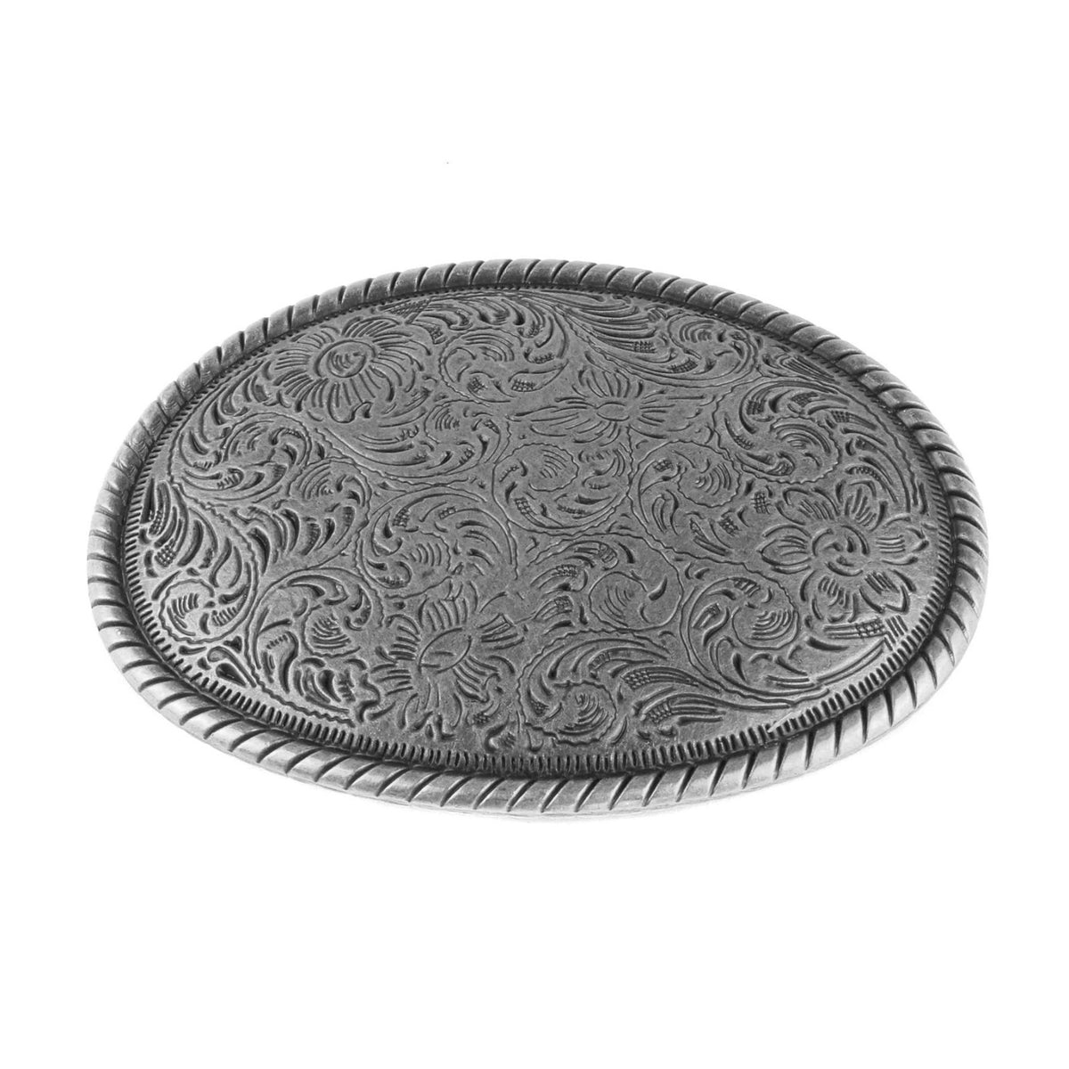 Western Floral Scroll Belt Buckle Antique Silver Tone Engraved Oval Rope Border