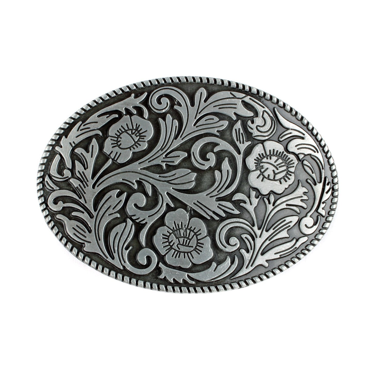 Vintage Style Floral Belt Buckle Western Cowgirl Engraved Silver Oval Rope Edge