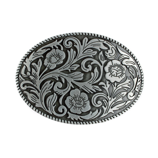 Vintage Style Floral Belt Buckle Western Cowgirl Engraved Silver Oval Rope Edge