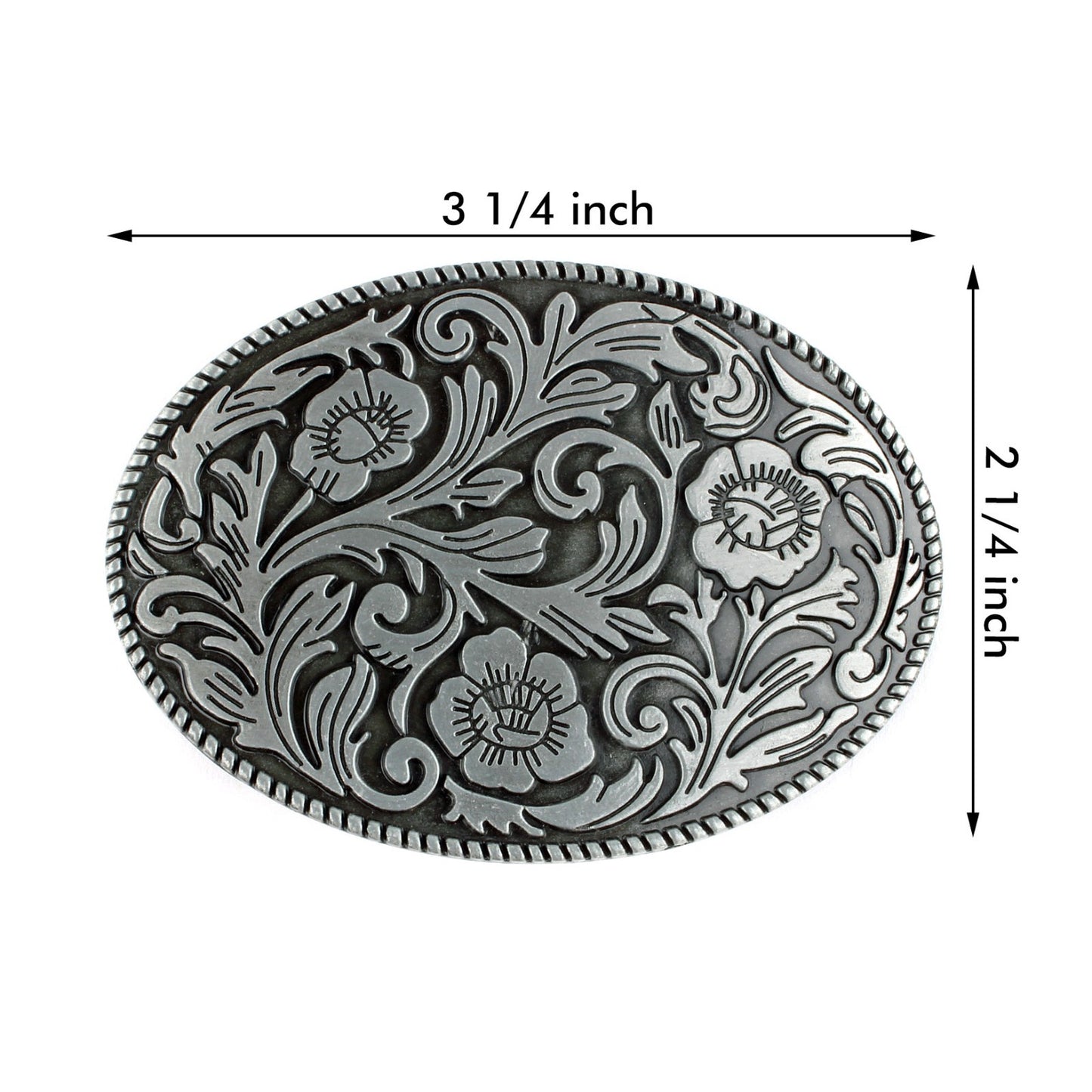 Vintage Style Floral Belt Buckle Western Cowgirl Engraved Silver Oval Rope Edge