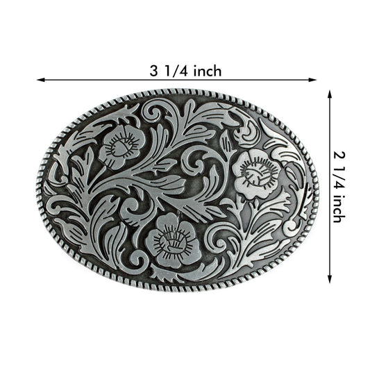 Vintage Style Floral Belt Buckle Western Cowgirl Engraved Silver Oval Rope Edge