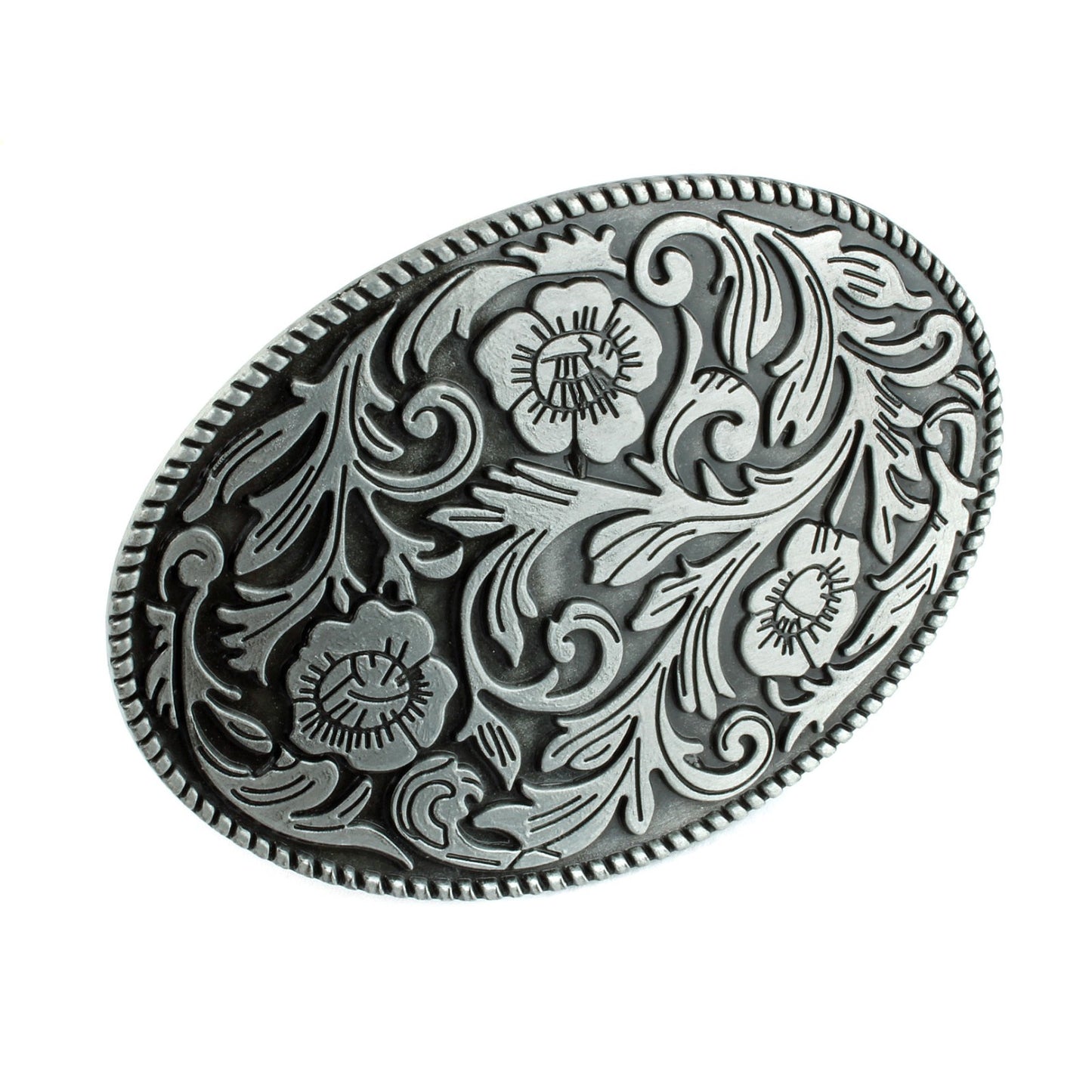 Vintage Style Floral Belt Buckle Western Cowgirl Engraved Silver Oval Rope Edge