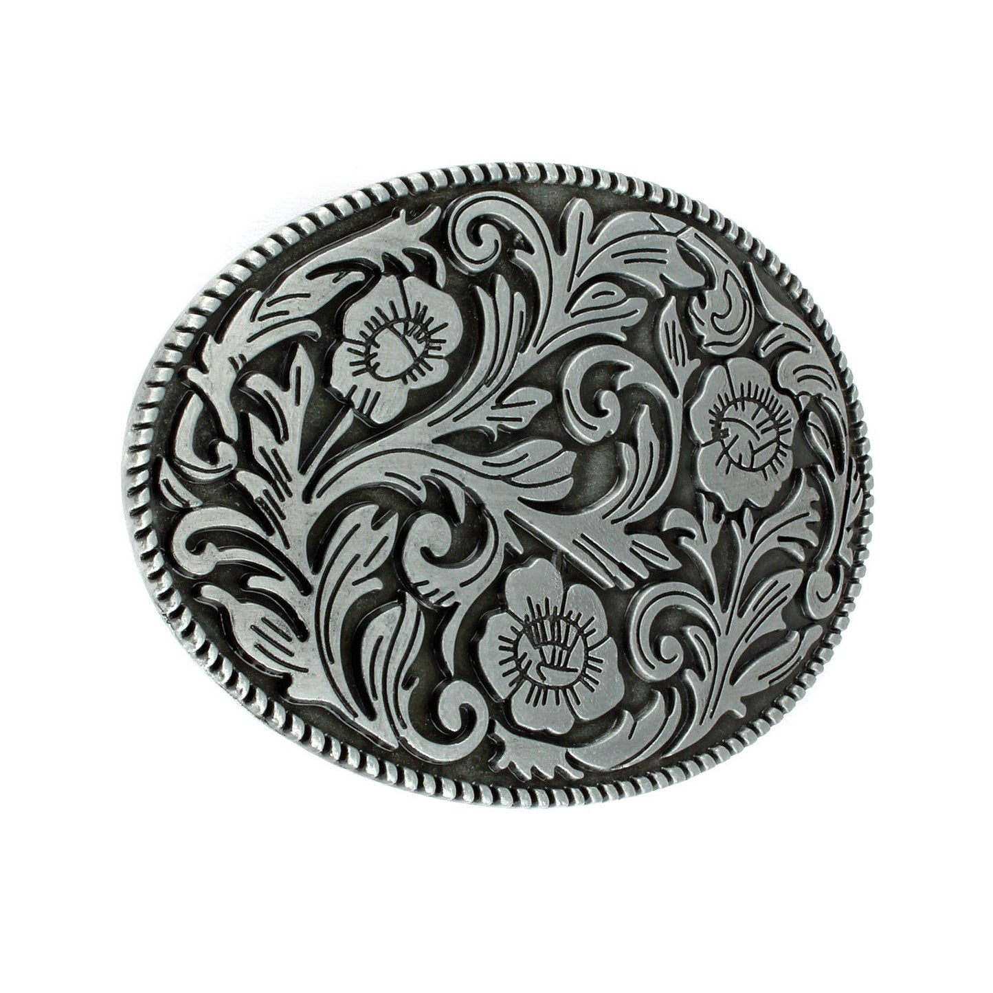 Vintage Style Floral Belt Buckle Western Cowgirl Engraved Silver Oval Rope Edge