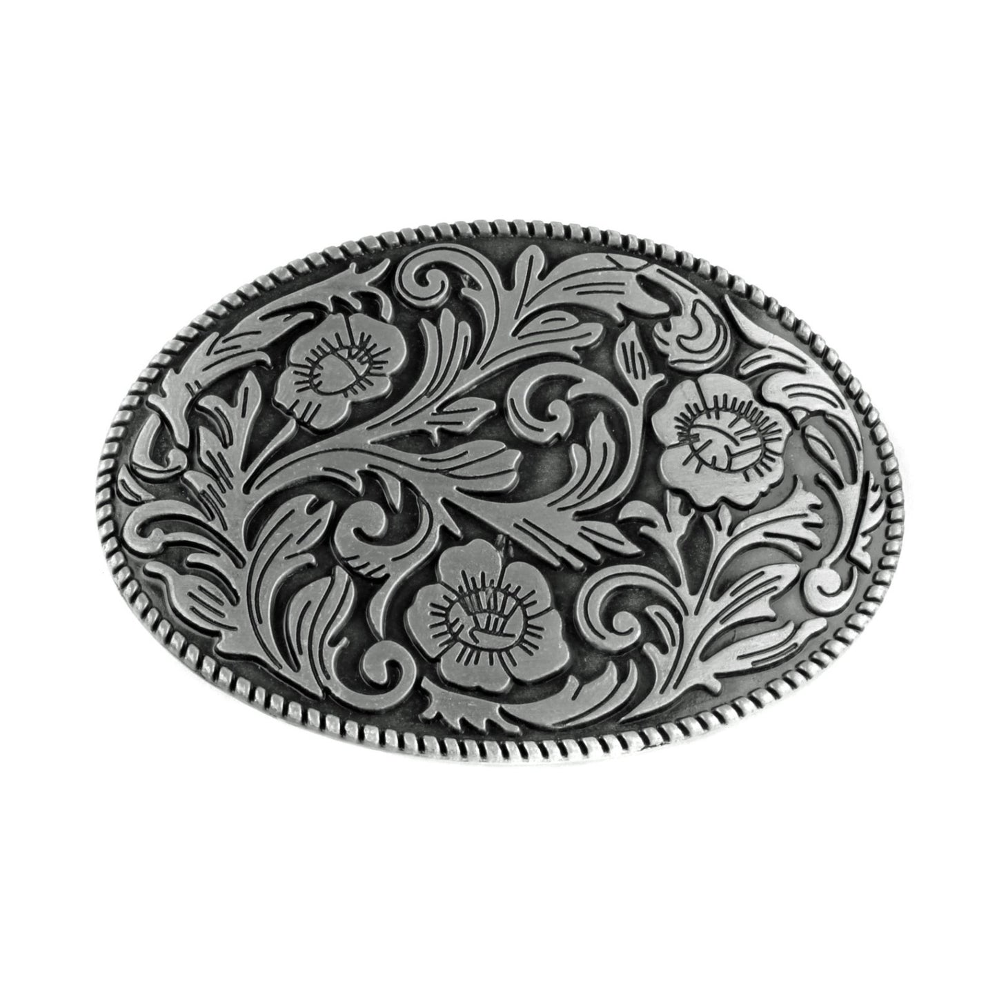 Vintage Style Floral Belt Buckle Western Cowgirl Engraved Silver Oval Rope Edge