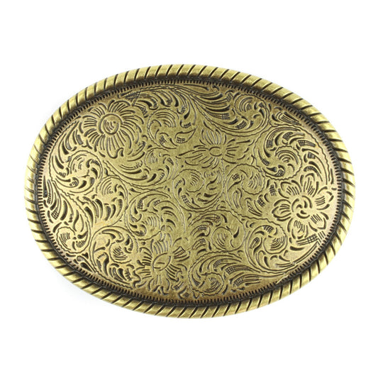 Western Floral Belt Buckle Antique Brass Gold Tone Engraved Oval Rope Border