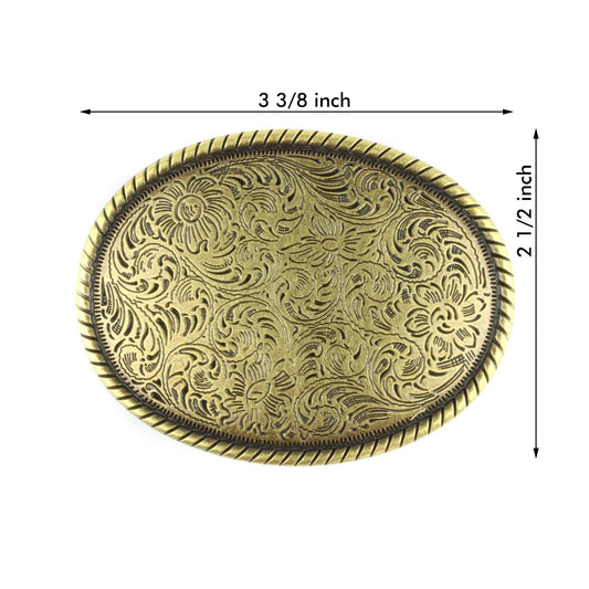 Western Floral Belt Buckle Antique Brass Gold Tone Engraved Oval Rope Border