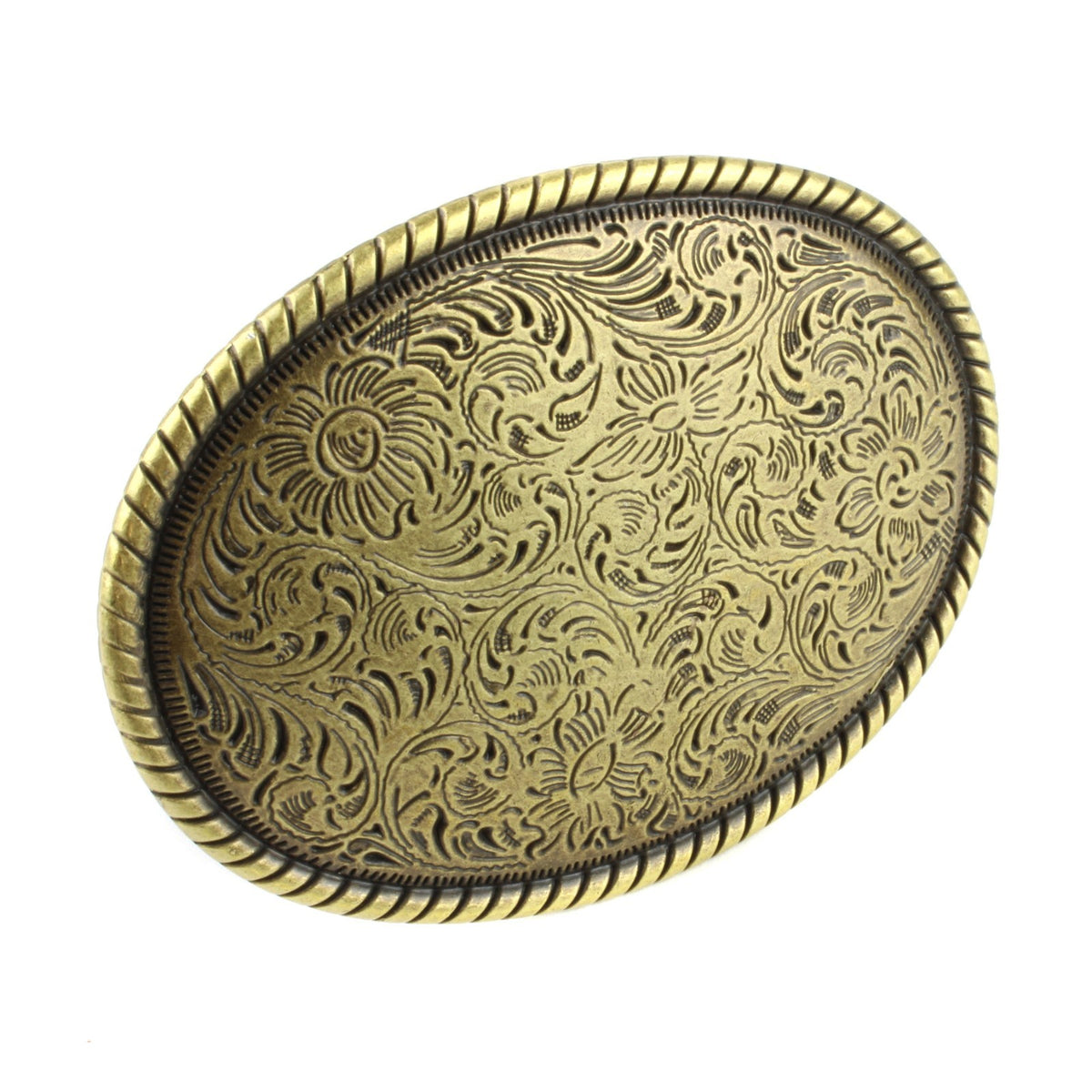 Western Floral Belt Buckle Antique Brass Gold Tone Engraved Oval Rope Border