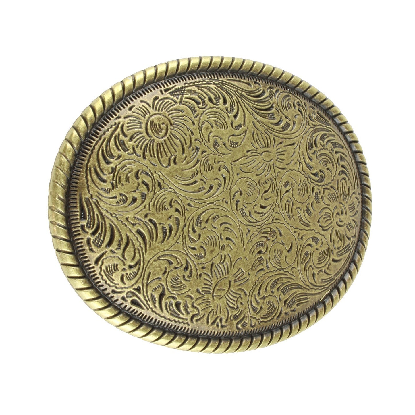 Western Floral Belt Buckle Antique Brass Gold Tone Engraved Oval Rope Border