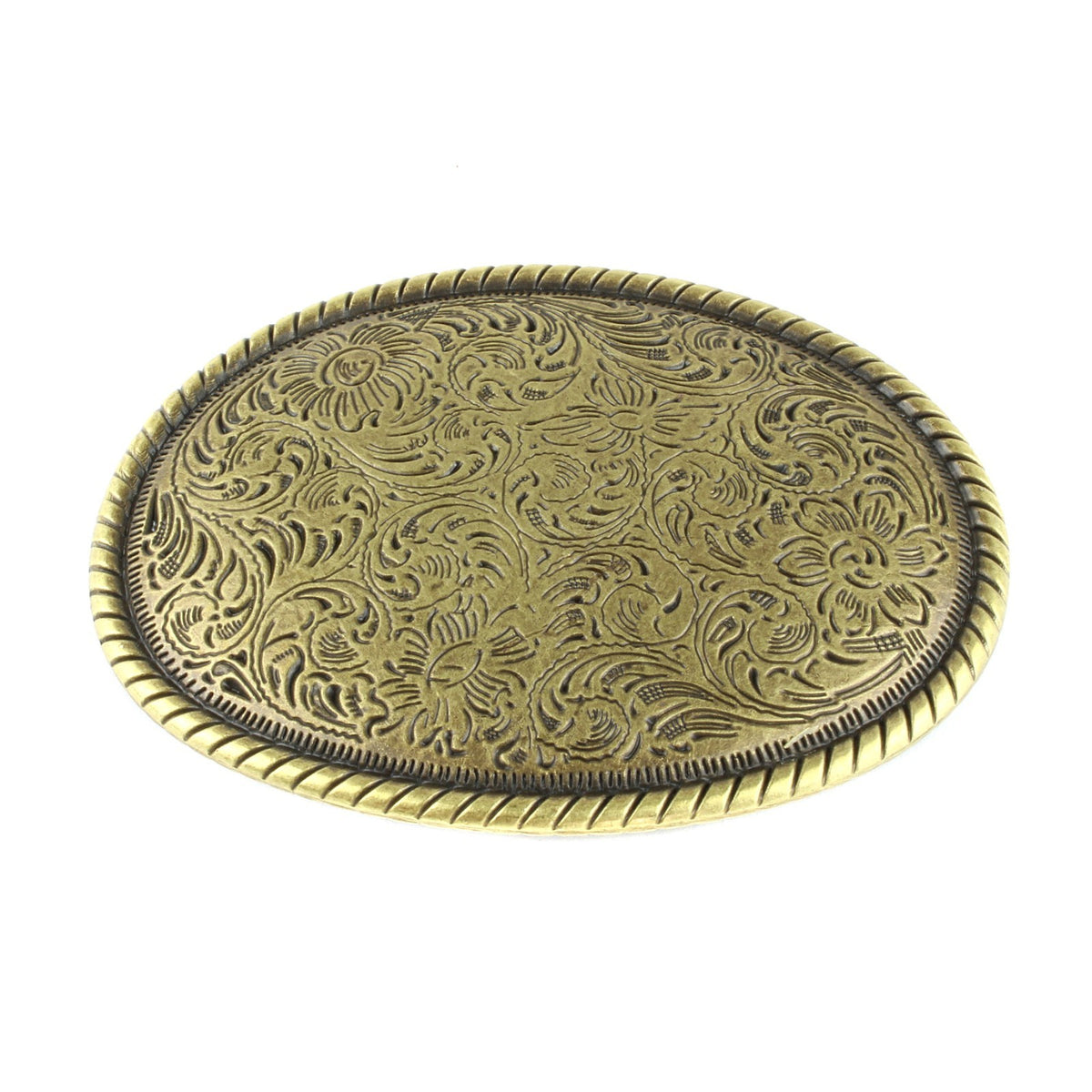 Western Floral Belt Buckle Antique Brass Gold Tone Engraved Oval Rope Border