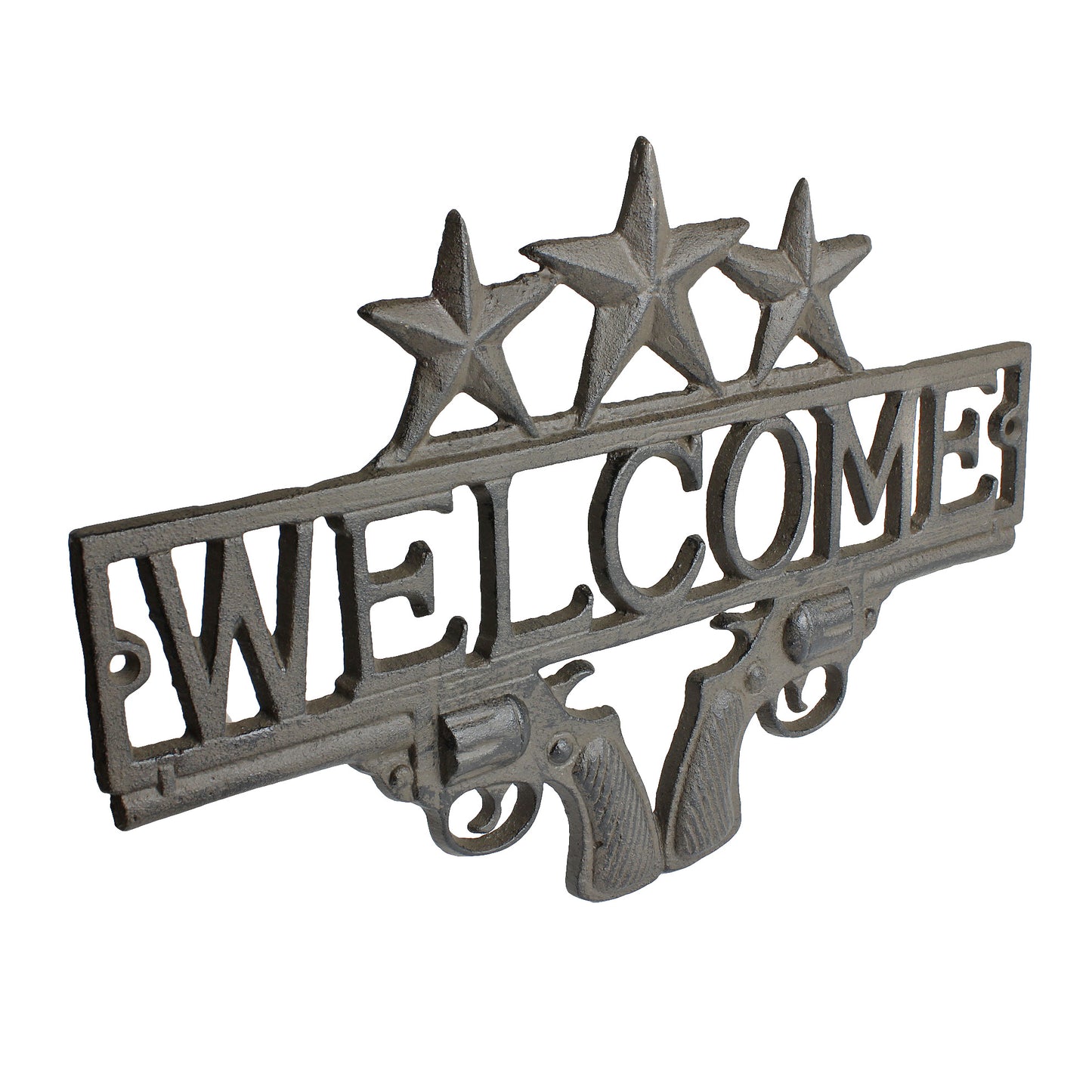 Cast Iron Western Welcome Sign Wall Plaque Stars Crossed Revolver Pistols 13.25"