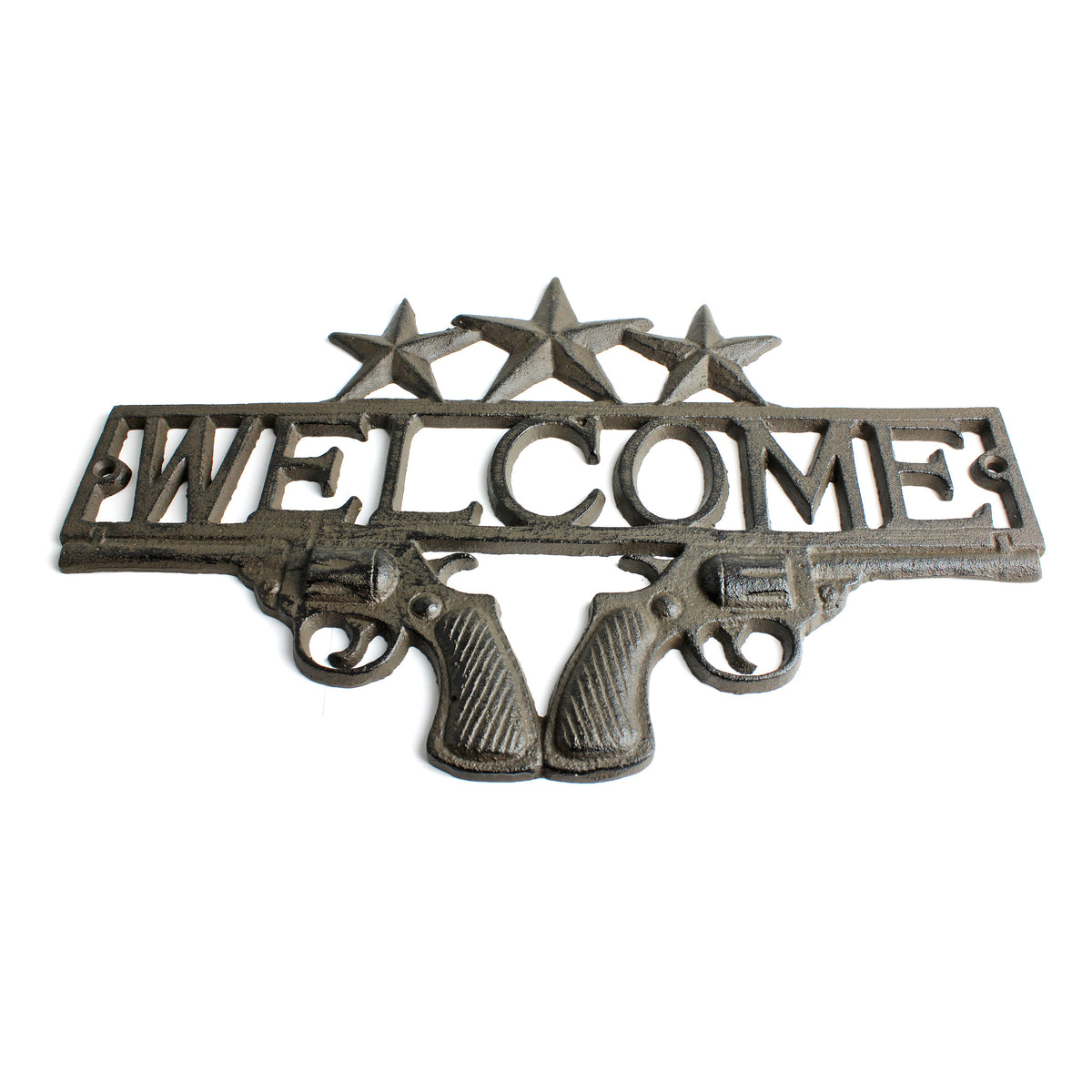 Cast Iron Western Welcome Sign Wall Plaque Stars Crossed Revolver Pistols 13.25"