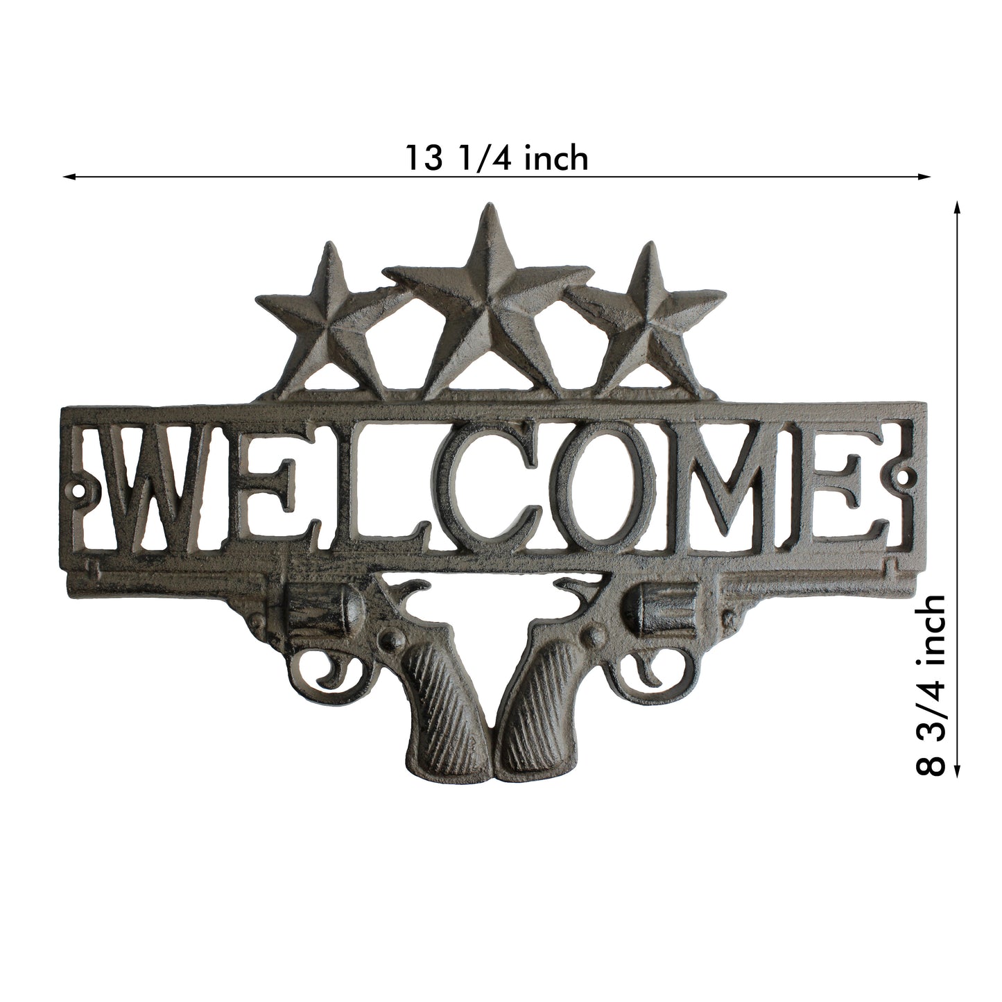 Cast Iron Western Welcome Sign Wall Plaque Stars Crossed Revolver Pistols 13.25"