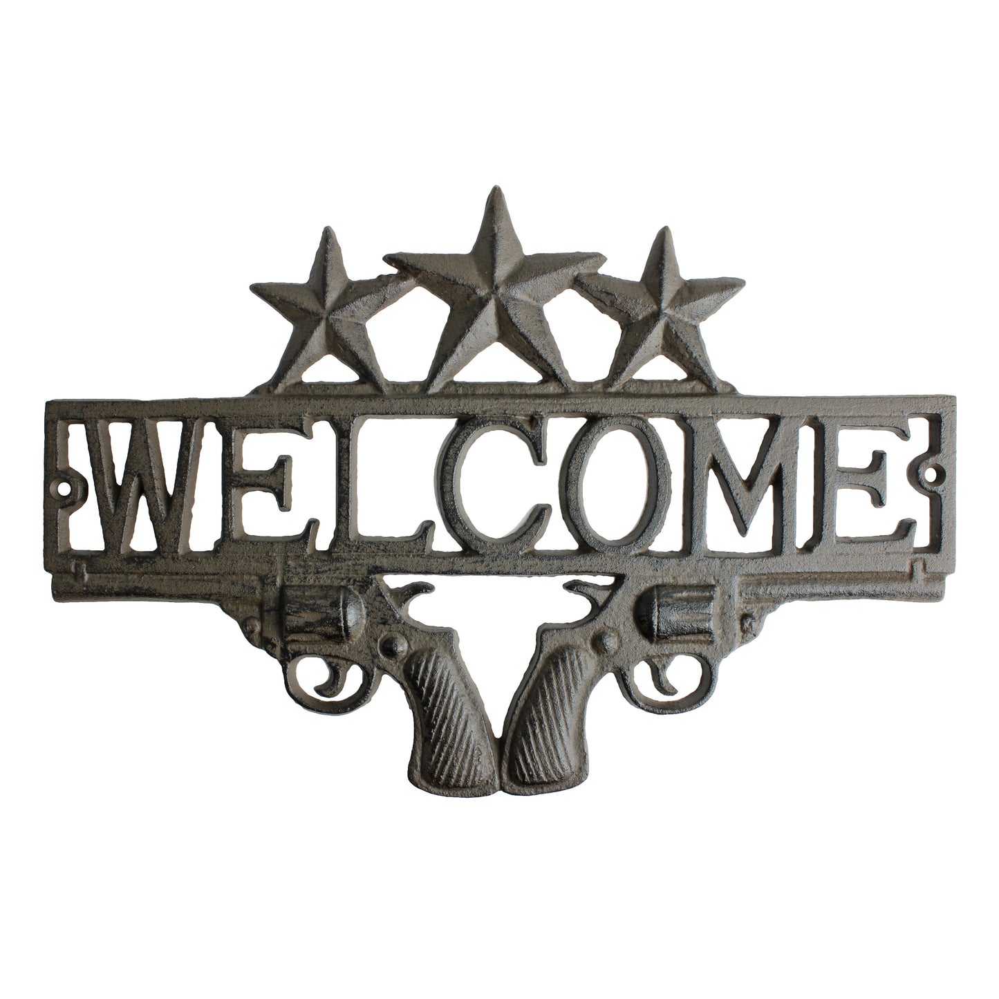 Cast Iron Western Welcome Sign Wall Plaque Stars Crossed Revolver Pistols 13.25"