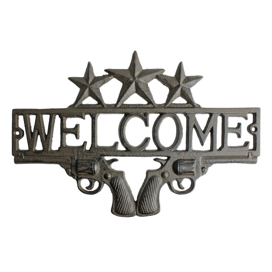 Cast Iron Western Welcome Sign Wall Plaque Stars Crossed Revolver Pistols 13.25"