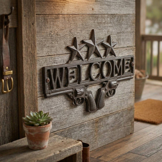 Cast Iron Western Welcome Sign Wall Plaque Stars Crossed Revolver Pistols 13.25"