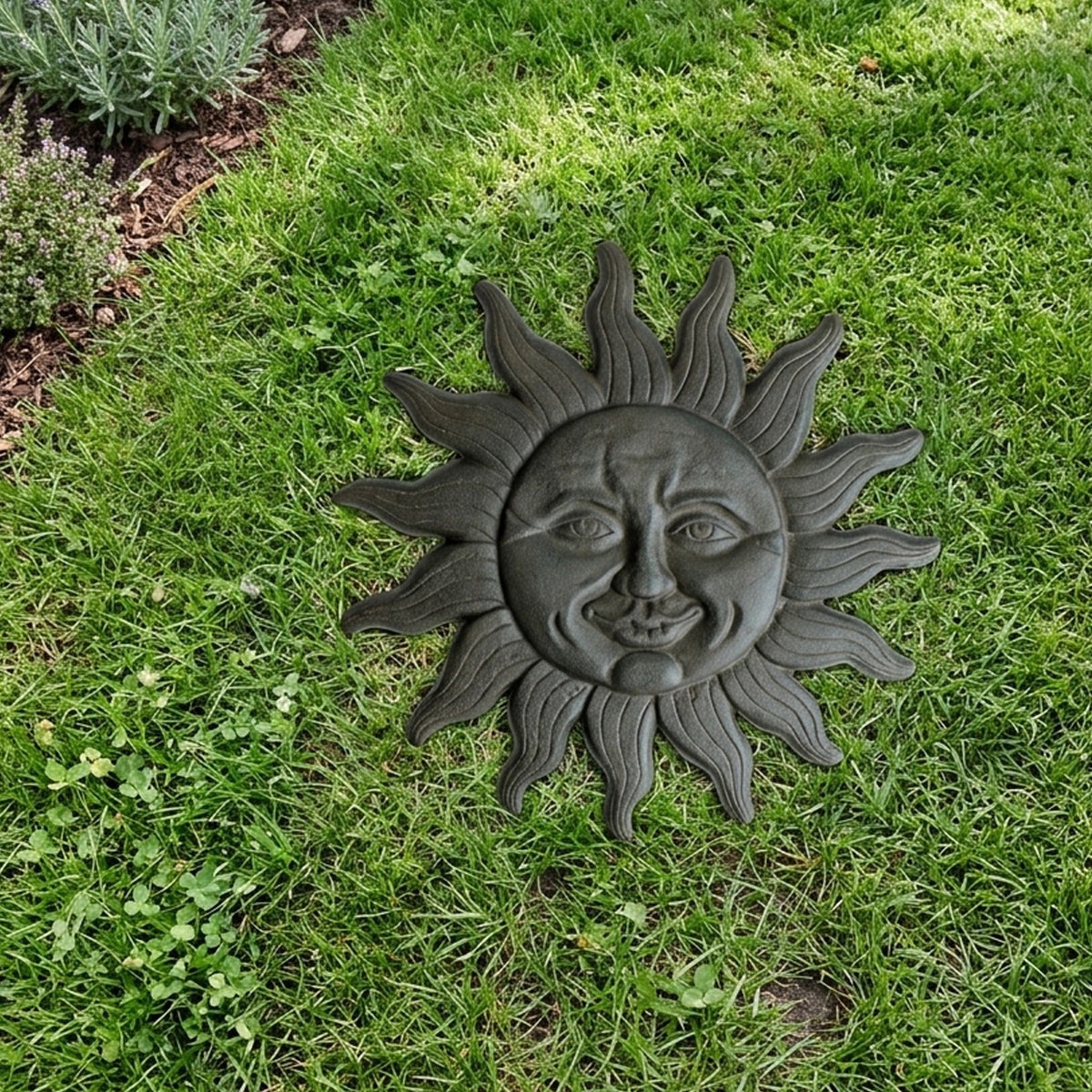 Cast Iron Sun Face Stepping Stone Rustic Celestial Garden Walkway Plaque 12 3/8"