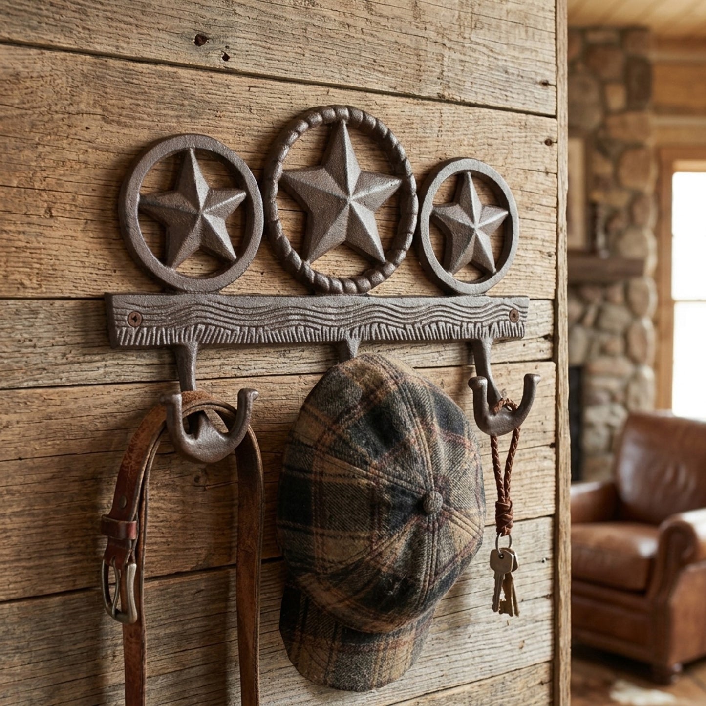 Cast Iron Texas Stars Wall Hook Rack Key Towel Coat Hanger Rustic Western Brown