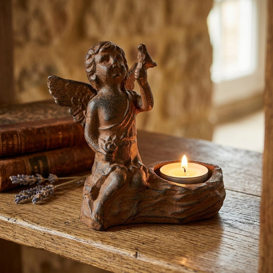 Cast Iron Cherub Angel Candle Holder Figurine Rustic Vintage Rustic Garden Decor