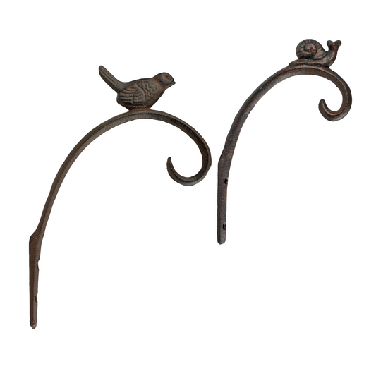 Set of 2 Cast Iron Bird & Snail Plant Hanger Wall Bracket Hooks Garden Basket Holder