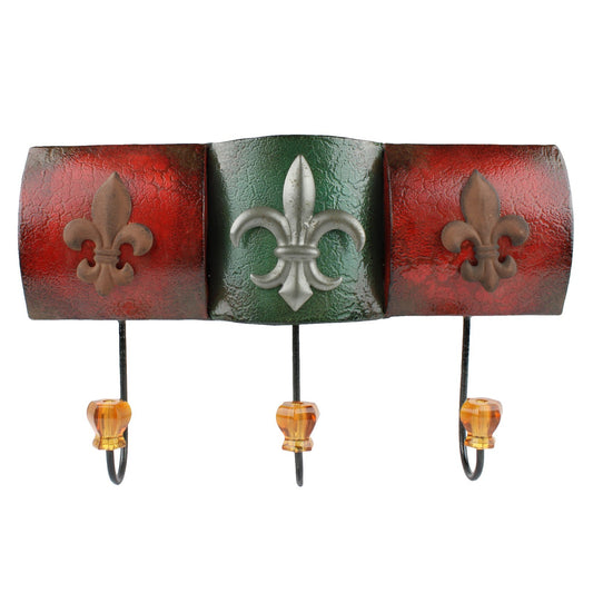 Fleur De Lis Wall Hook Metal Coat Rack Faceted Plastic Knobs Rustic Red Green