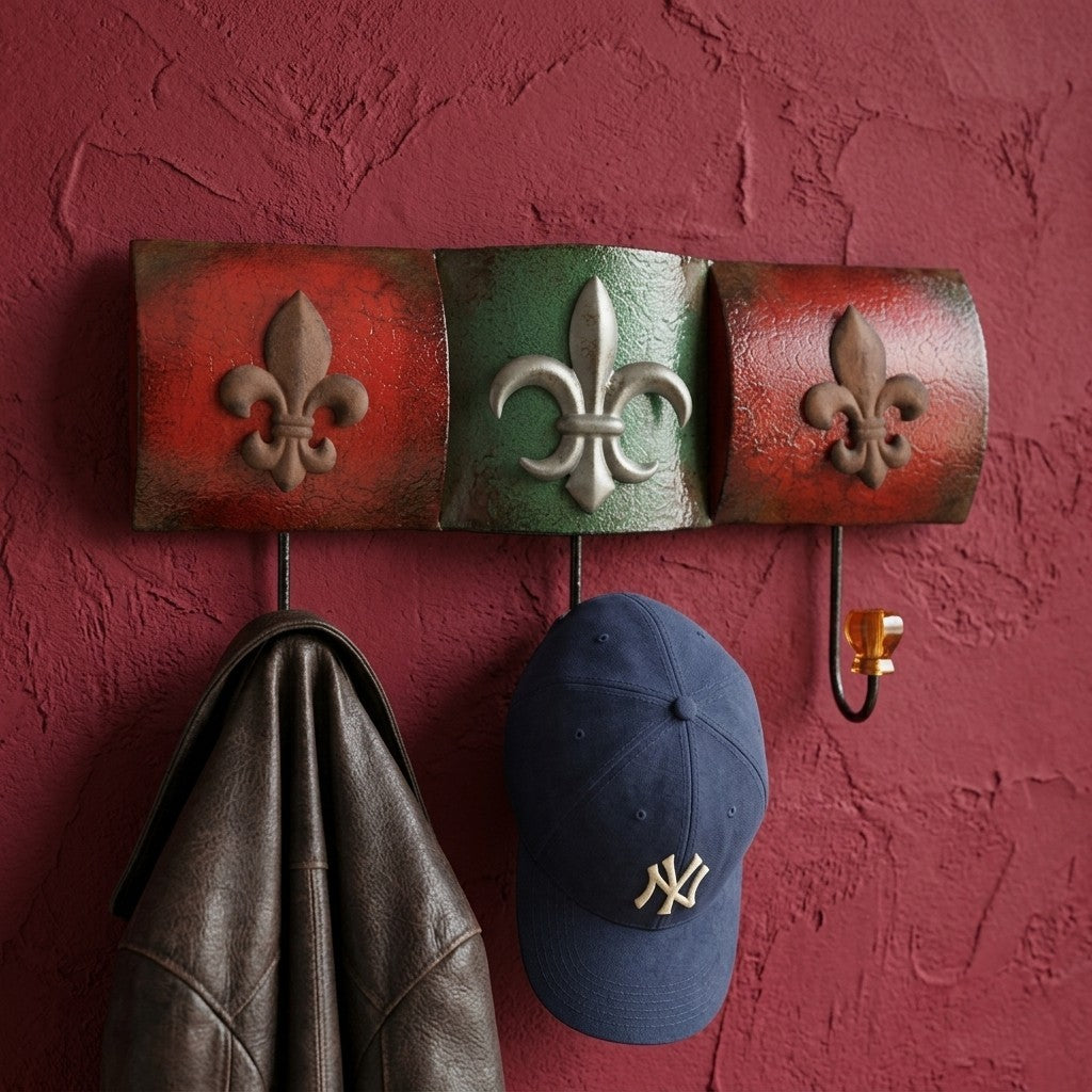 Fleur De Lis Wall Hook Metal Coat Rack Faceted Plastic Knobs Rustic Red Green