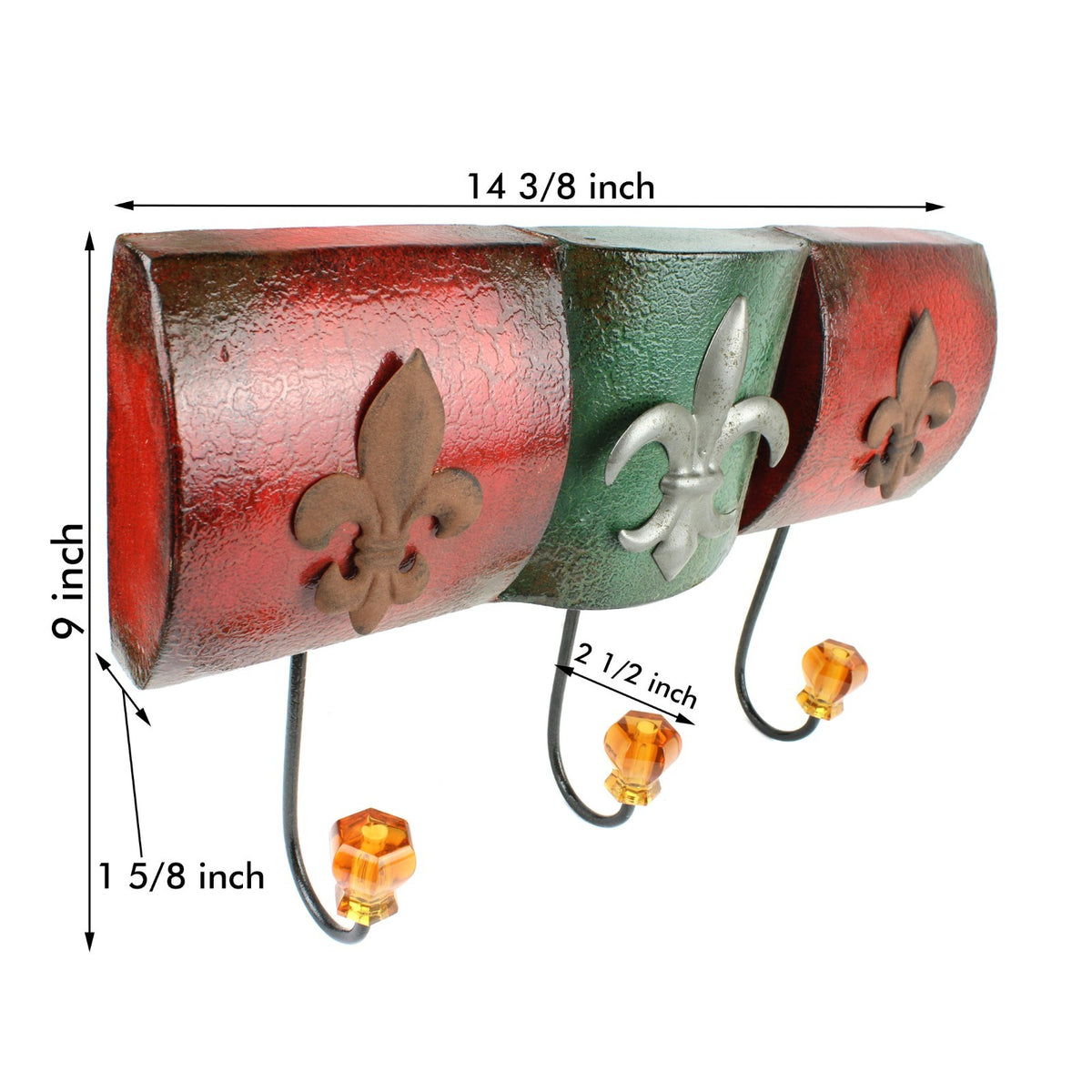 Fleur De Lis Wall Hook Metal Coat Rack Faceted Plastic Knobs Rustic Red Green