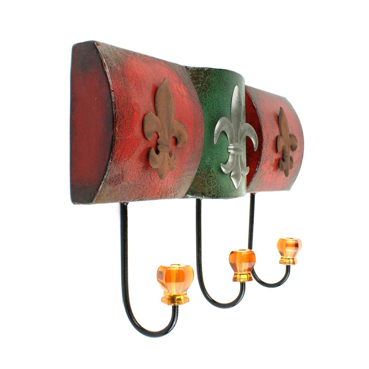 Fleur De Lis Wall Hook Metal Coat Rack Faceted Plastic Knobs Rustic Red Green