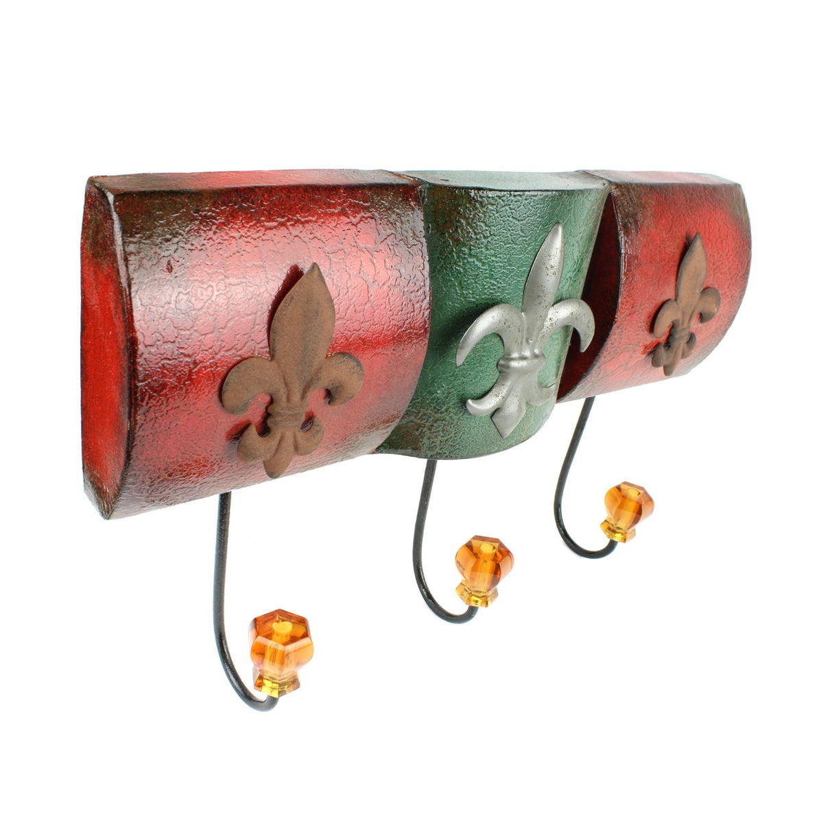 Fleur De Lis Wall Hook Metal Coat Rack Faceted Plastic Knobs Rustic Red Green