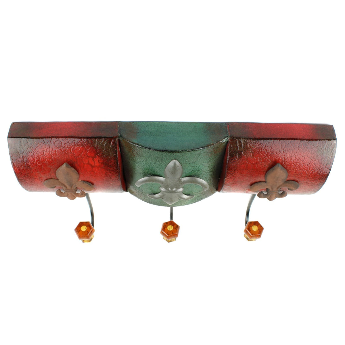 Fleur De Lis Wall Hook Metal Coat Rack Faceted Plastic Knobs Rustic Red Green