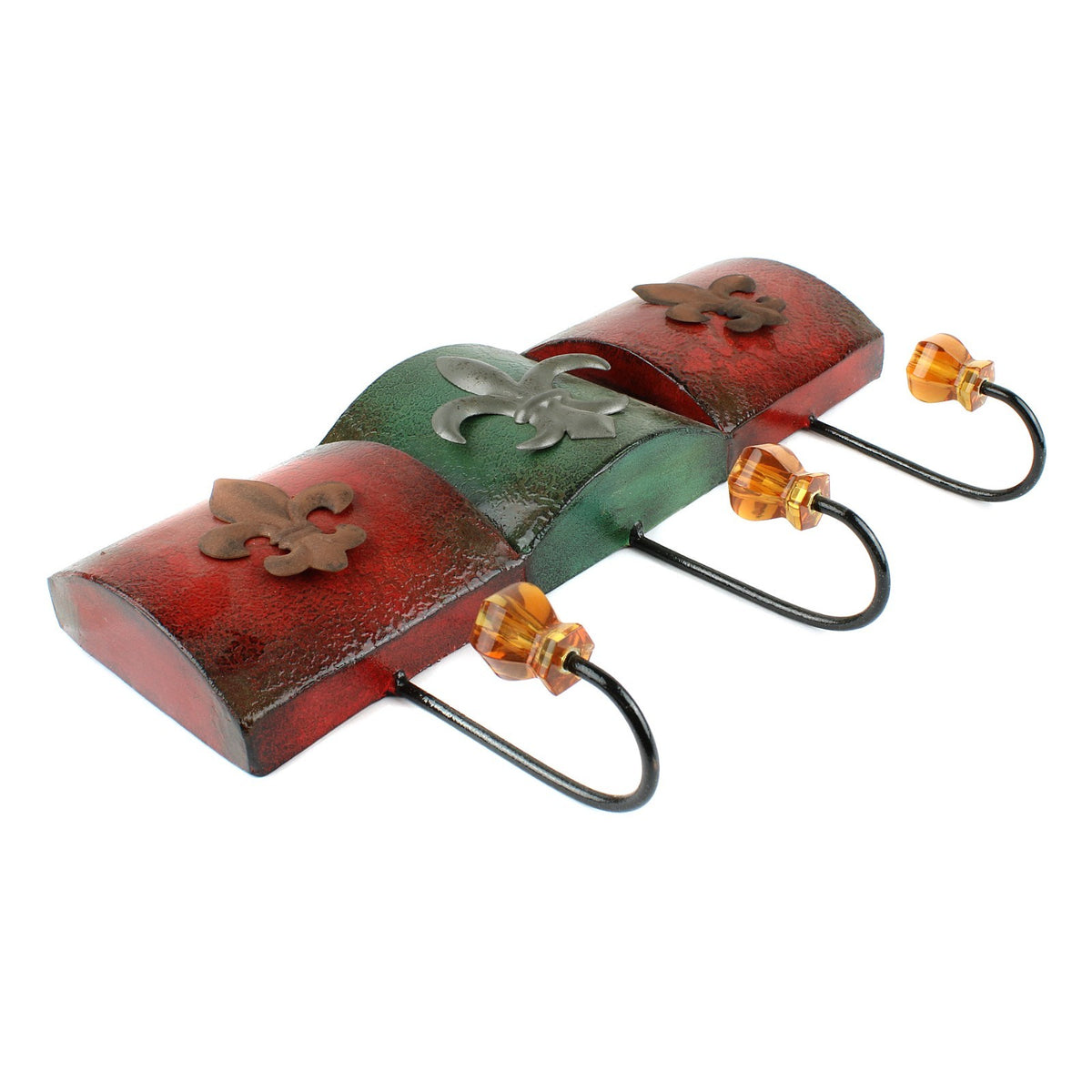 Fleur De Lis Wall Hook Metal Coat Rack Faceted Plastic Knobs Rustic Red Green