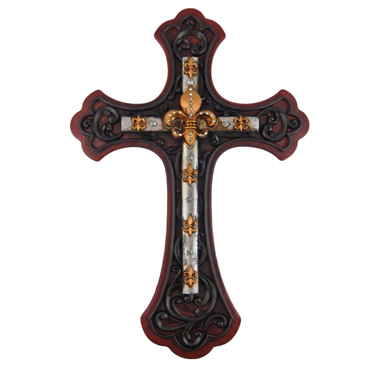 Fleur De Lis Wall Cross Rustic Western Decor Rhinestone Religious Plaque 19.5 in