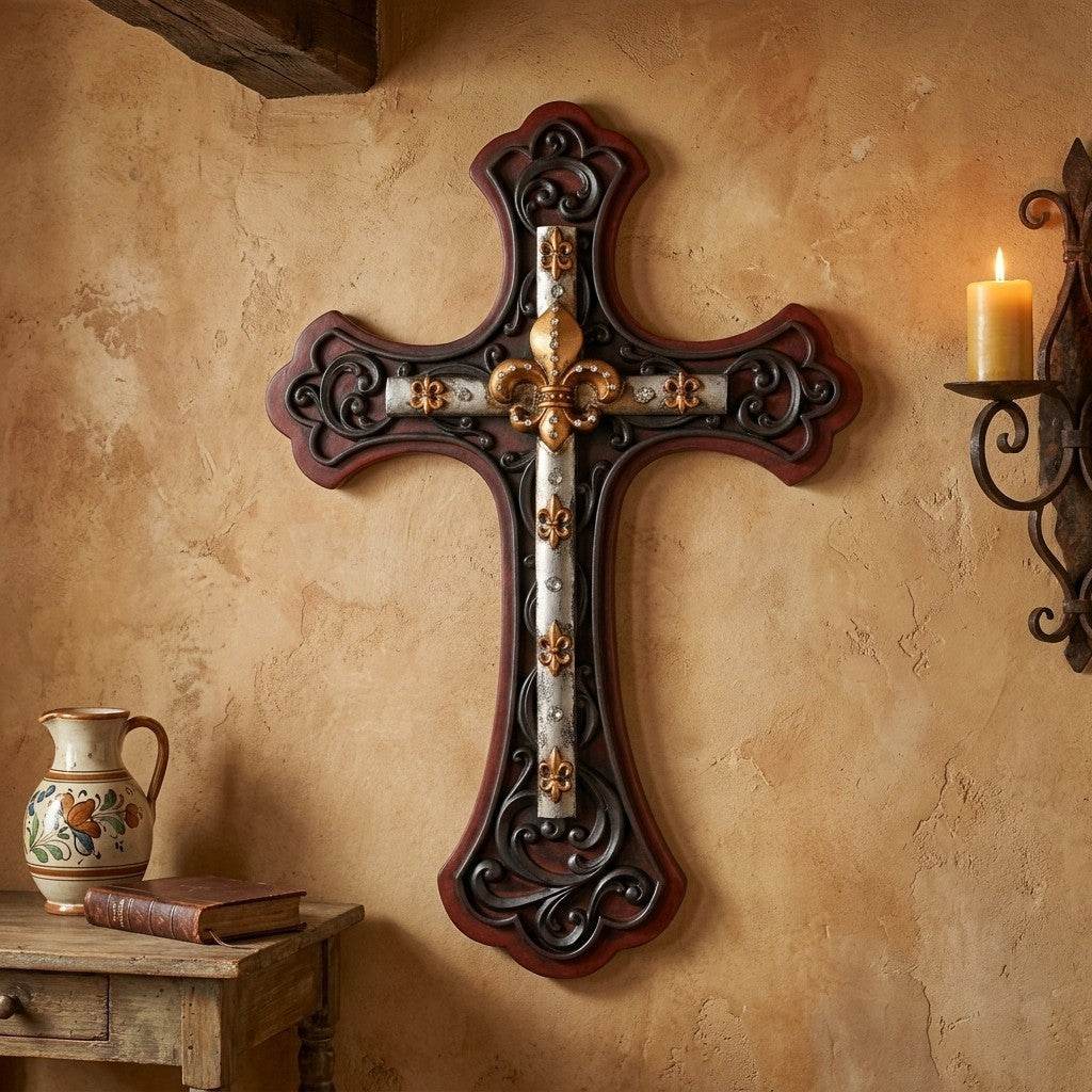 Fleur De Lis Wall Cross Rustic Western Decor Rhinestone Religious Plaque 19.5 in