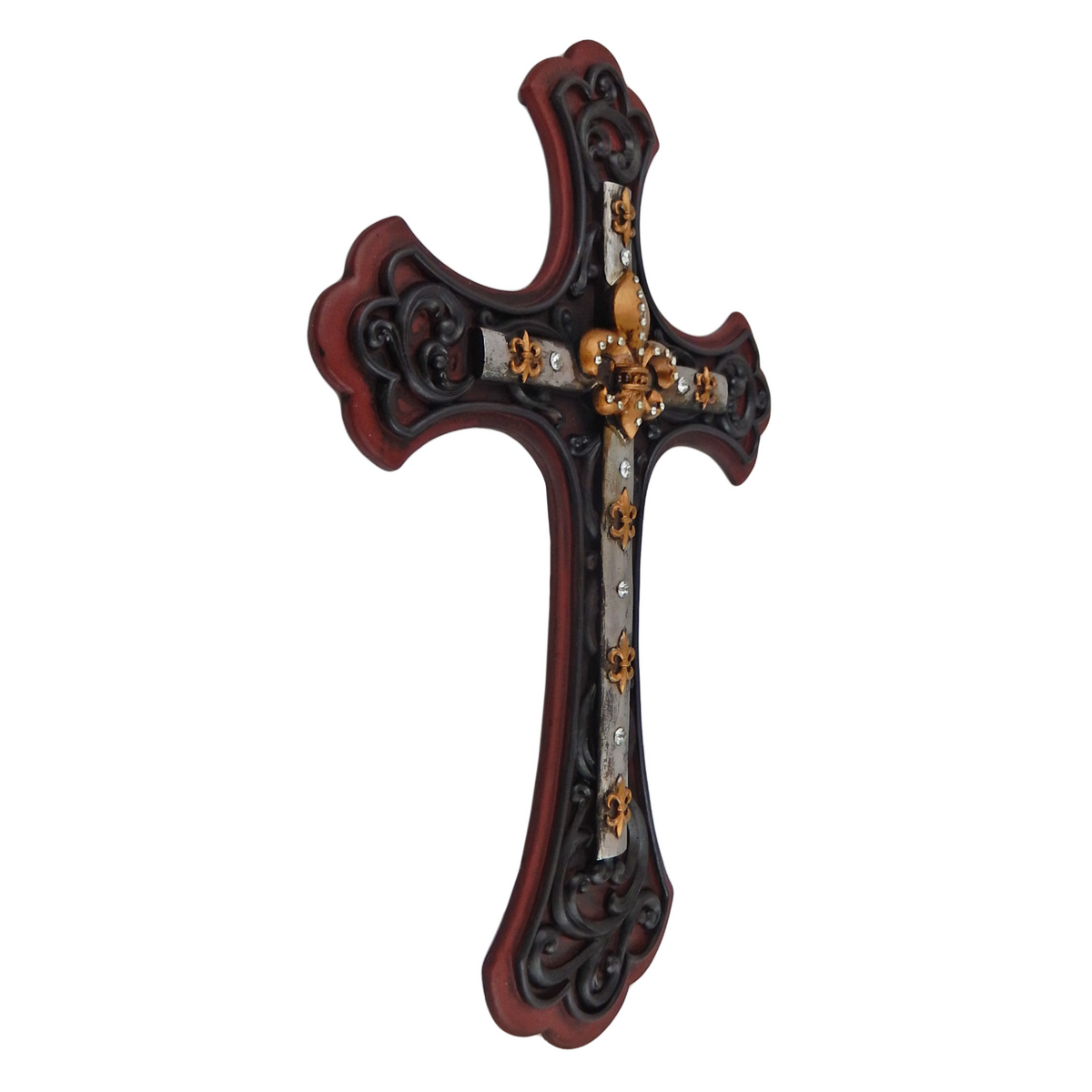 Fleur De Lis Wall Cross Rustic Western Decor Rhinestone Religious Plaque 19.5 in