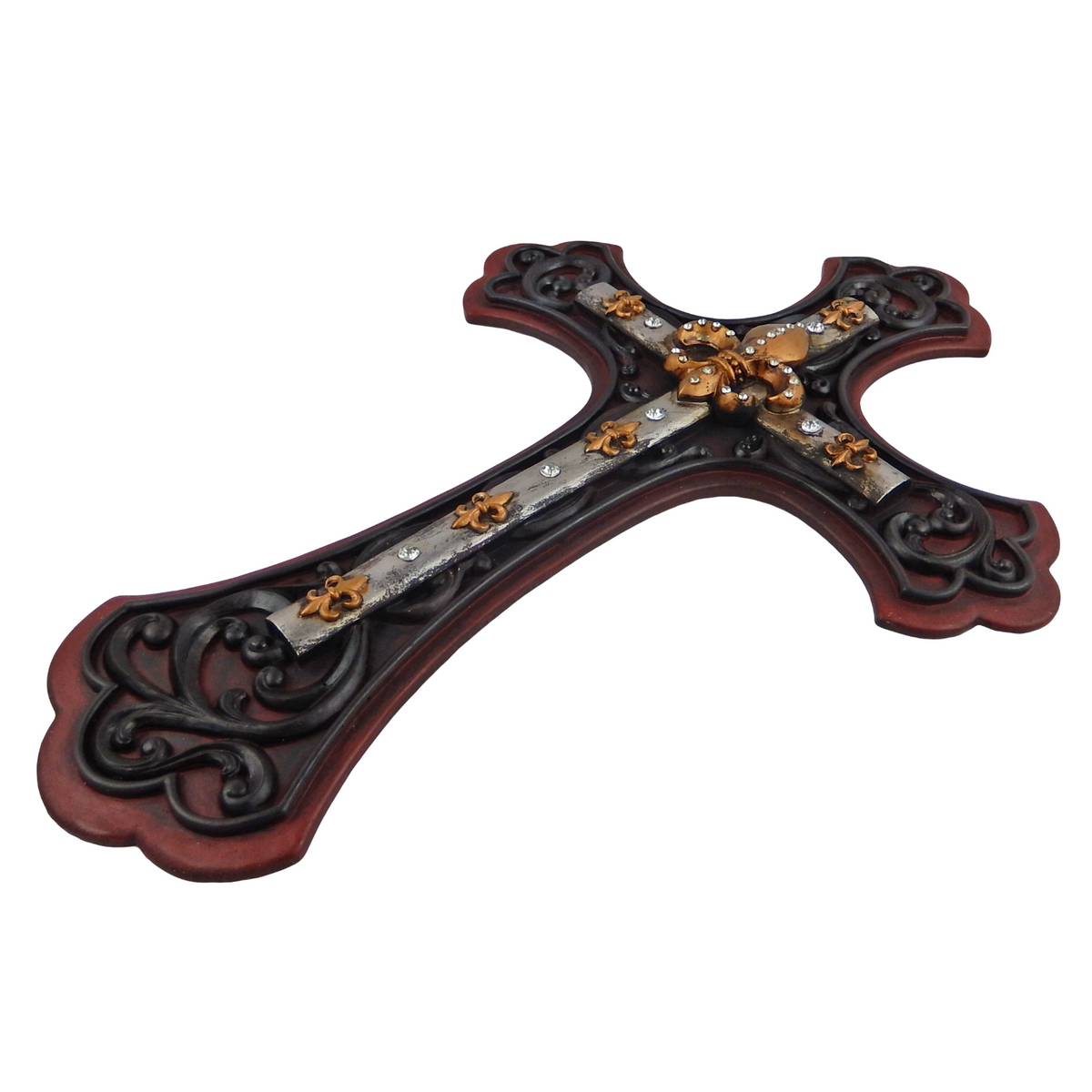 Fleur De Lis Wall Cross Rustic Western Decor Rhinestone Religious Plaque 19.5 in