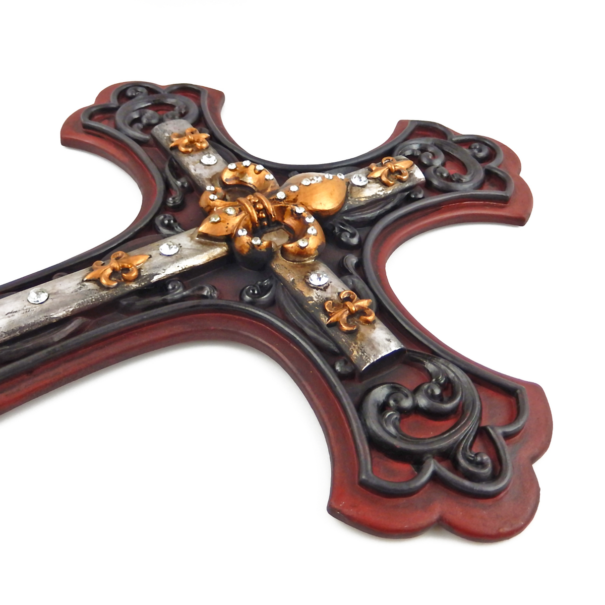 Fleur De Lis Wall Cross Rustic Western Decor Rhinestone Religious Plaque 19.5 in
