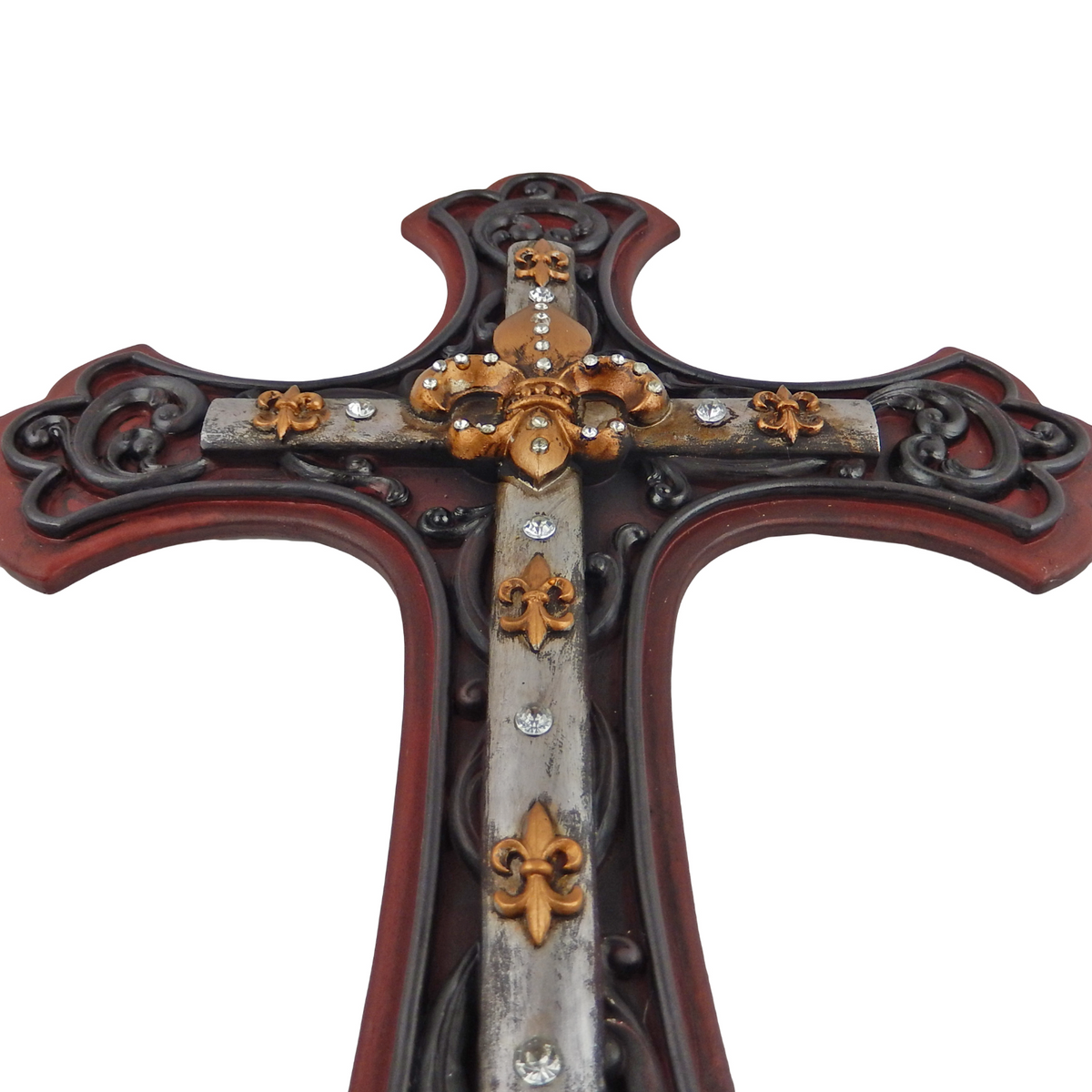 Fleur De Lis Wall Cross Rustic Western Decor Rhinestone Religious Plaque 19.5 in