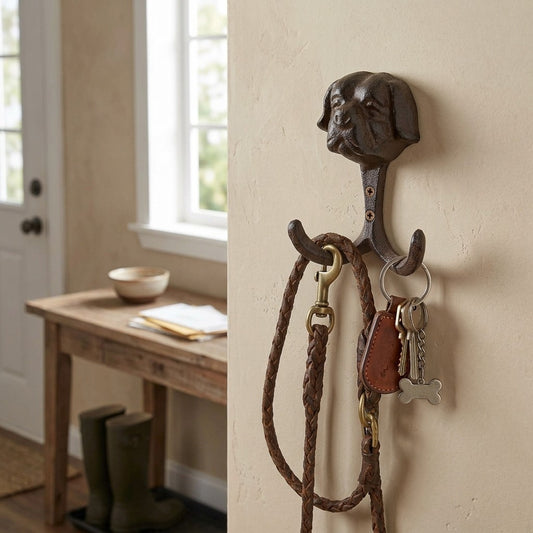 Cast Iron Dog Head Wall Hook Vintage Style Double Key Holder Leash Hanger 5 inch