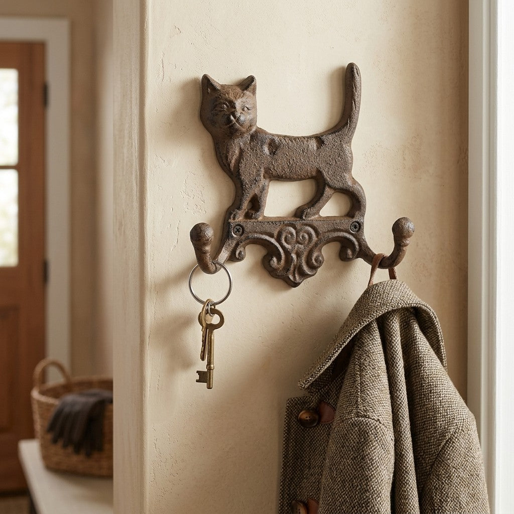 Cast Iron Cat Wall Hook Key Rack Double Hanger Heavy Duty Rustic Antique Style